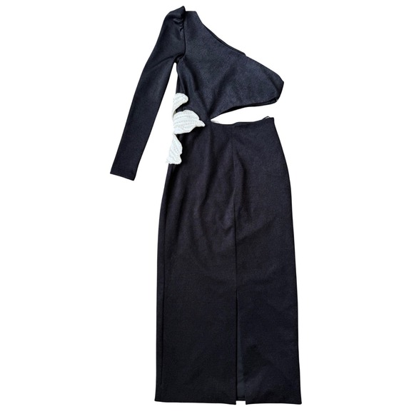 PatBO One Shoulder Floral Appliqué Cutout Midi Dress US 4 Black White Gorgeous🖤 - Picture 10 of 13